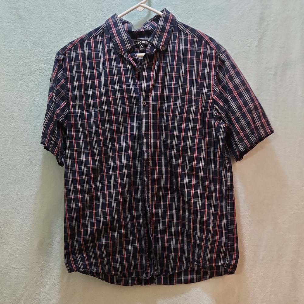 George Men's Casual Navy and Red Plaid Shirt